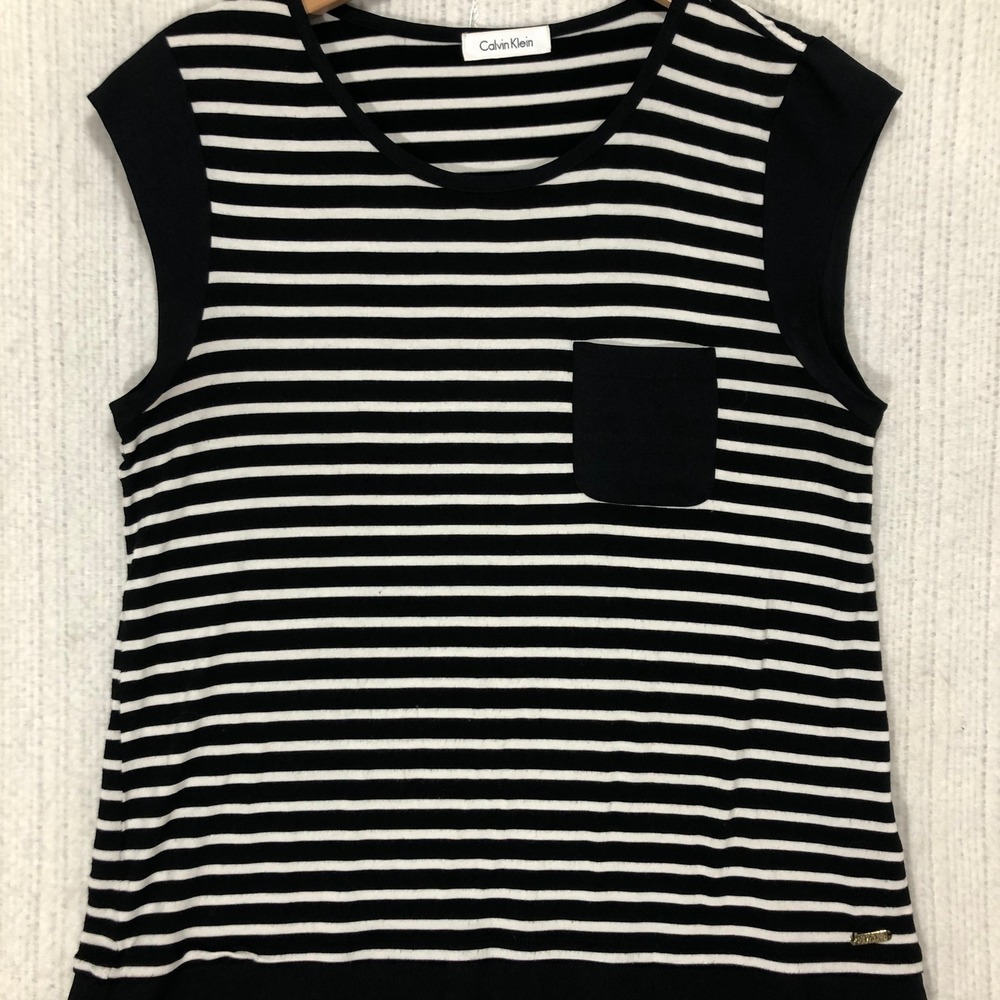 Calvin Klein Black Whiteโ Stripe Sleeveless Top Pocket Detail Women Size M
